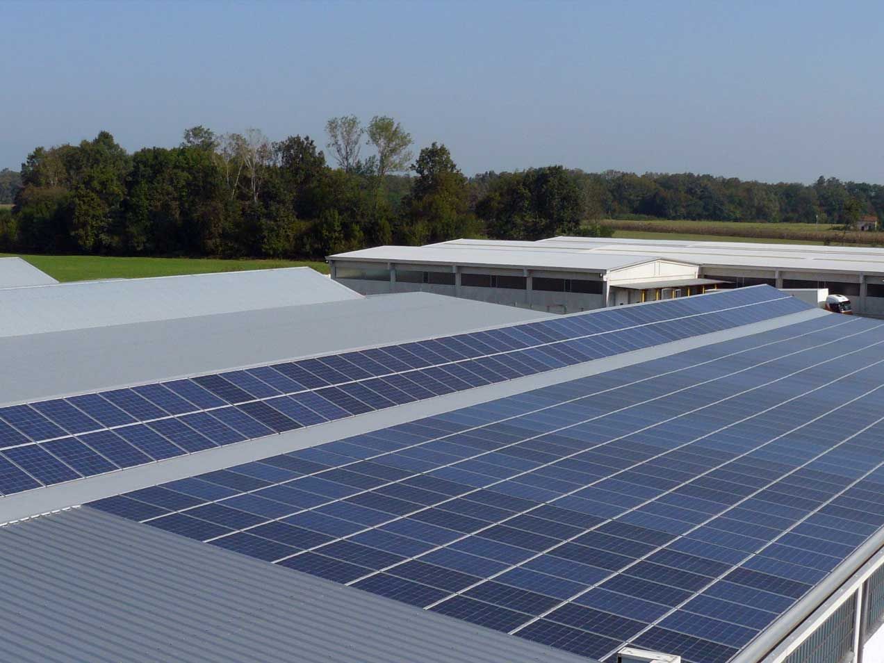 I pannelli fotovoltaici sul tetto dello stabilimento, con i campi intorno